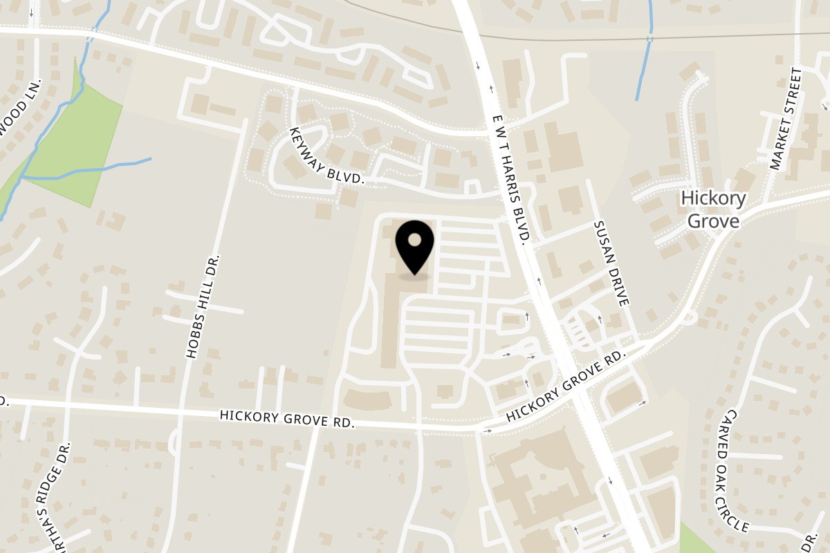 Map showing the location of Why Not Pizza on 7008 E W.T. Harris Blvd in Charlotte